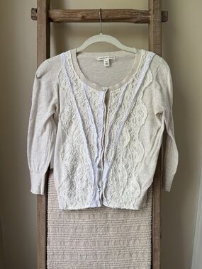 Banana Republic Cream 3/4 Sleeve Lace-Front Cardigan
